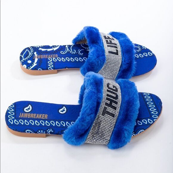 THUG LIFE Faux Fur Blue Bandana Slide - Picture 3 of 12